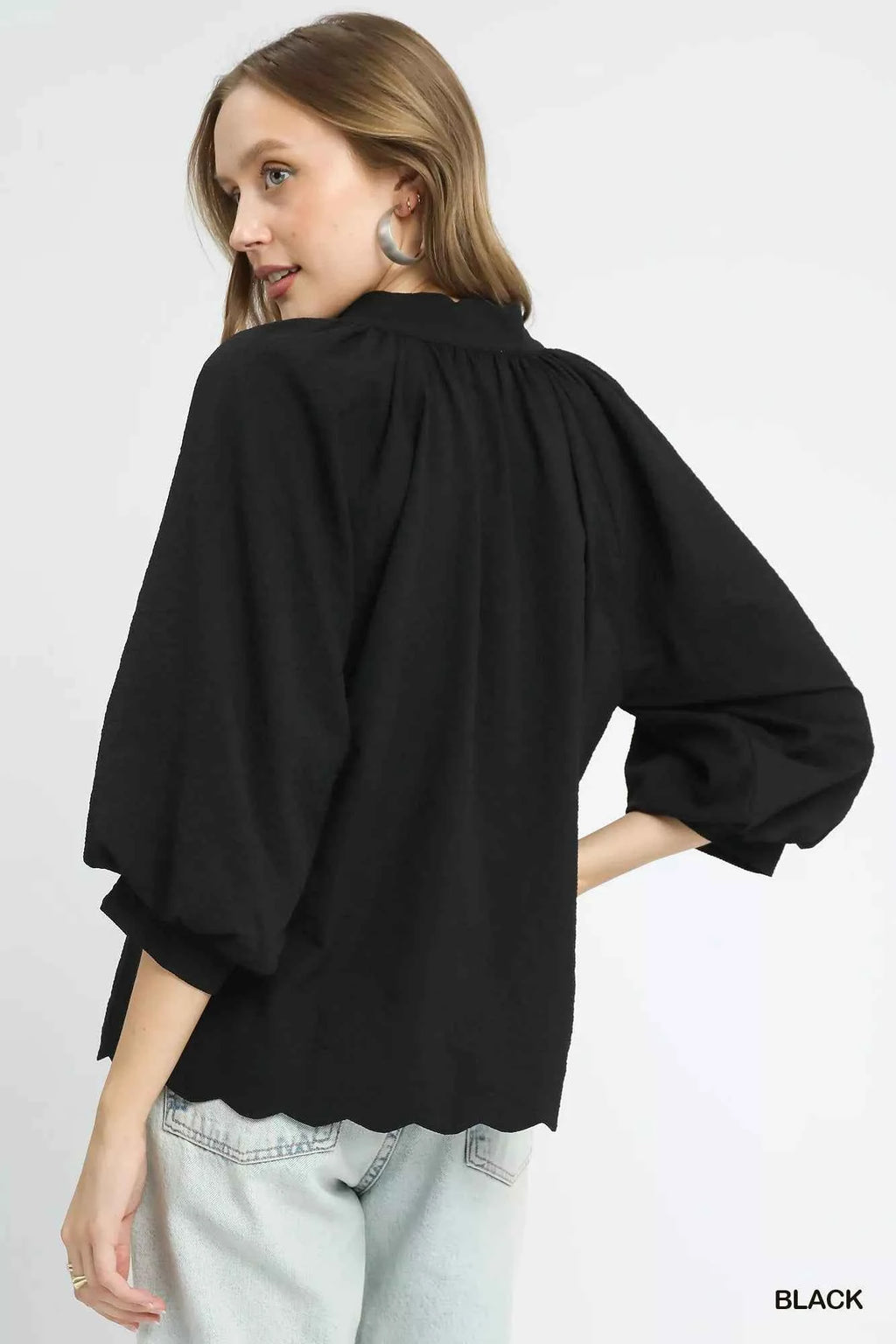 Umgee Full Size Textured Notched Balloon Sleeve Blouse Plus Size ac239dca-4c0f-4c17-9637-f7337aab04a8-Max-Origin
