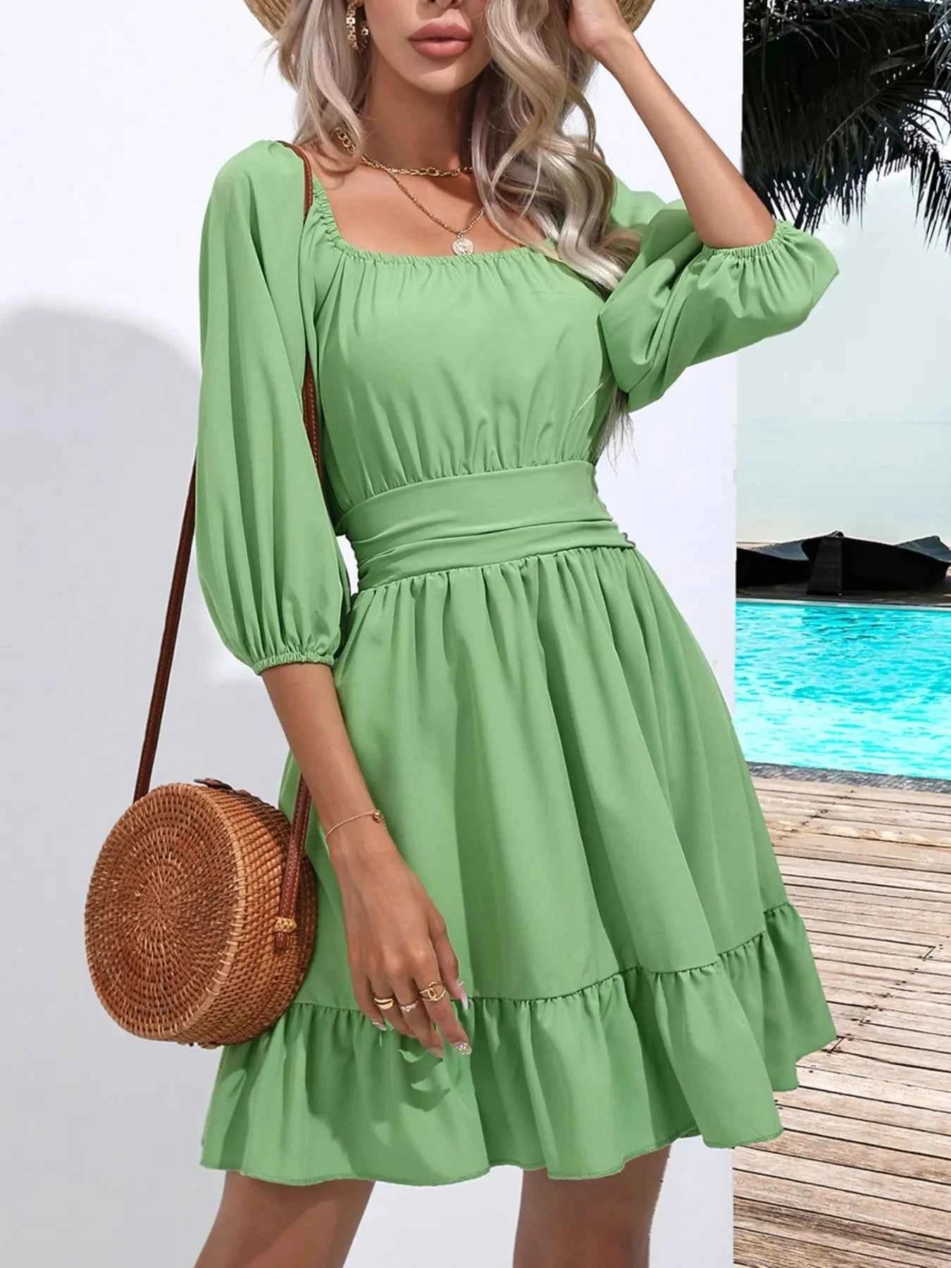 Tie Back Ruffled Hem Square Neck Dress Gum Leaf ac24bce1-7338-42f7-a130-7eb24e4f6db5-Max-Origin