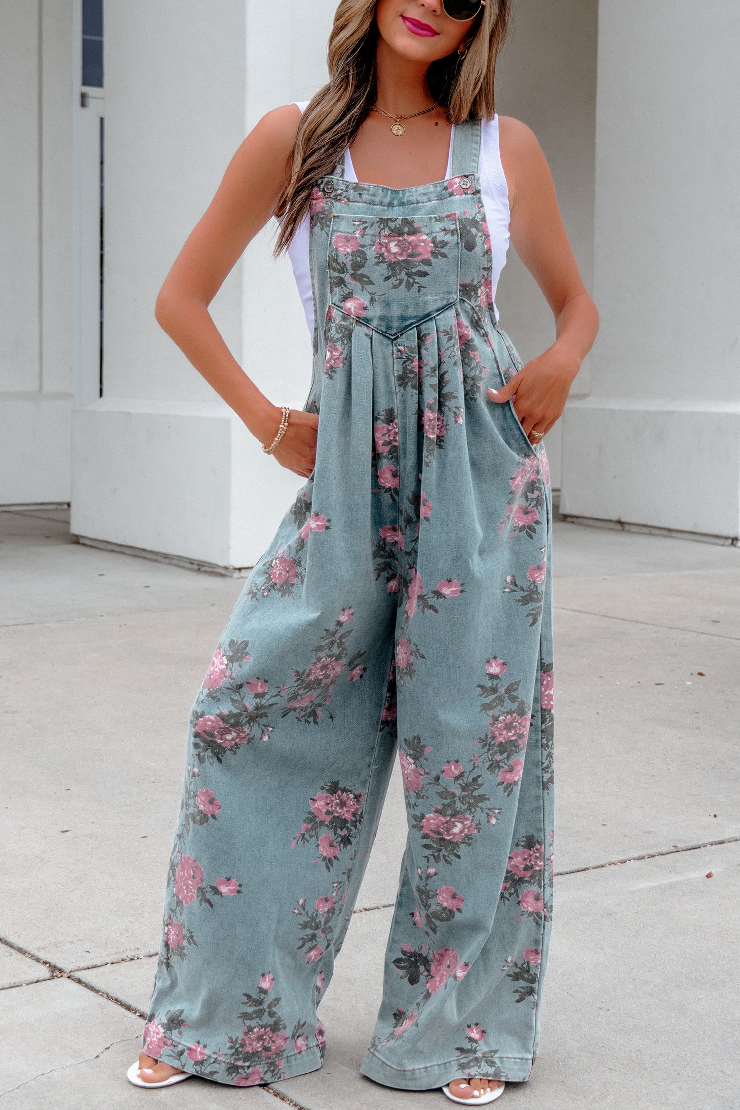Beau Blue Floral Print Pleated High Waist Wide Leg Denim Jumpsuit ac2de74171d7fd66