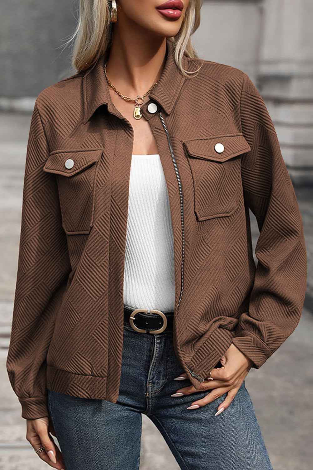Blackish Green Solid Color Zip Up Button Flap Pocket Shirt Collar Jackets ac31f7e65617510e
