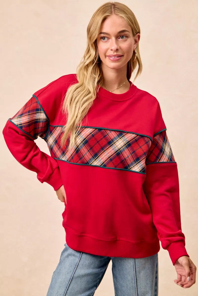 BiBi Christmas Theme Plaid Block Sweatshirt with Binding RED ac32362e04524dcb9e72ea96f8d0977f-Max-Origin