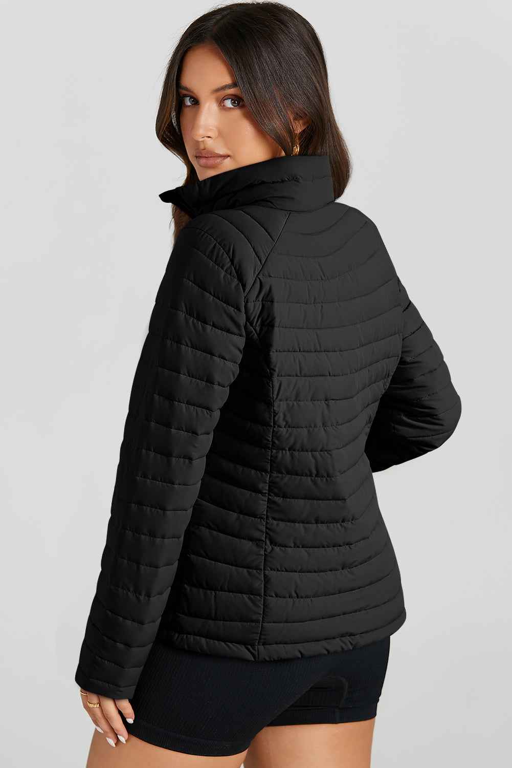 Silvery Solid Color Quilted Zip-up Puffer Jacket ac35cb200d93b147