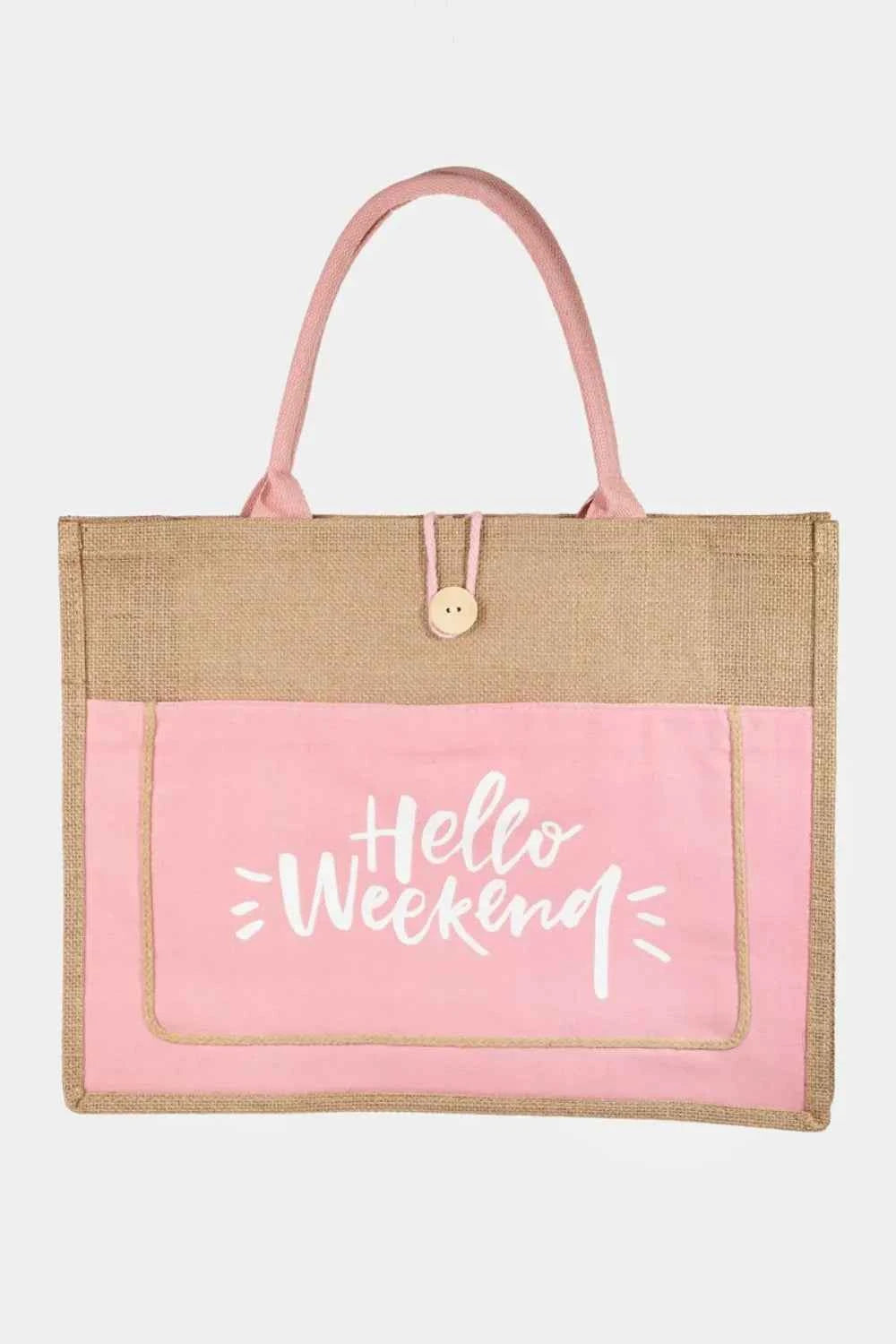 Fame Hello Weekend Burlap Tote Bag Pink One Size ac389b6d-47cc-4132-b56d-9d5867c003ae-Max