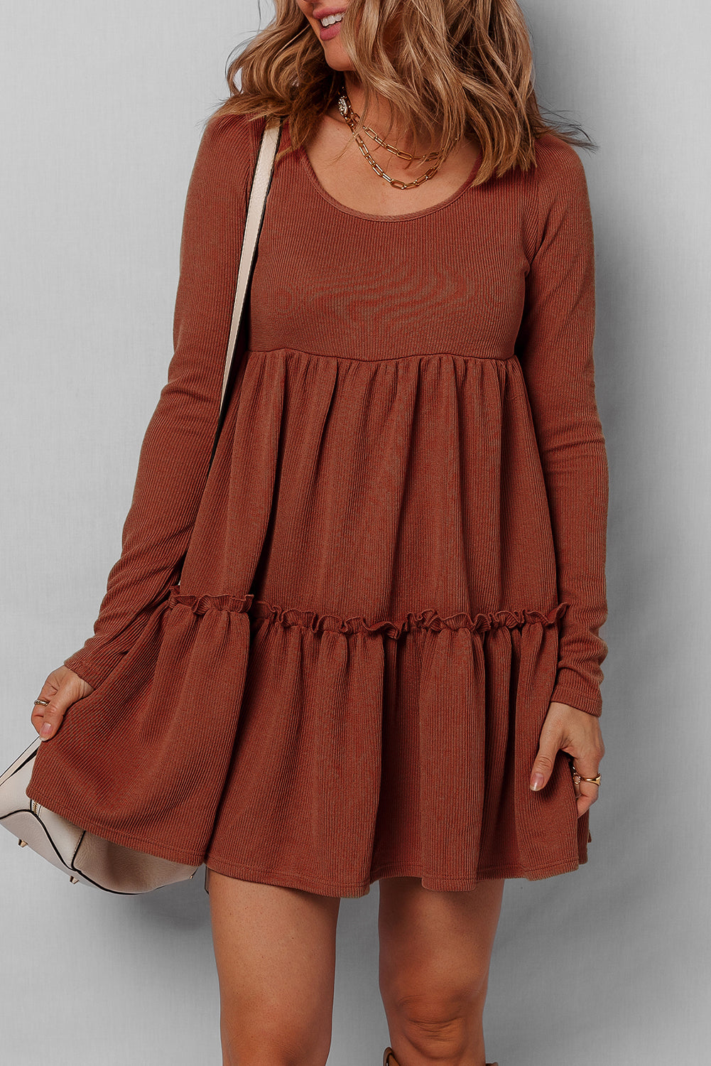 Straw Yellow Ribbed Frilled Trim High Waist Long Sleeve Mini Dress ac39230cc086ac9a