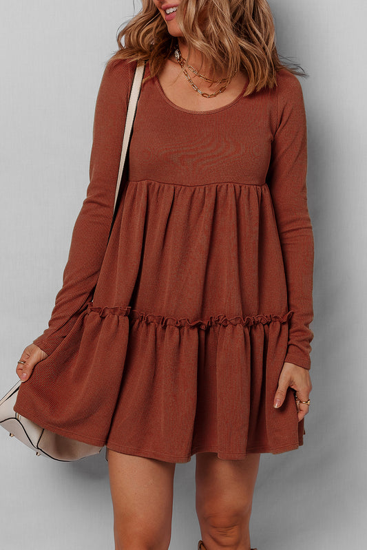 Straw Yellow Ribbed Frilled Trim High Waist Long Sleeve Mini Dress ac39230cc086ac9a