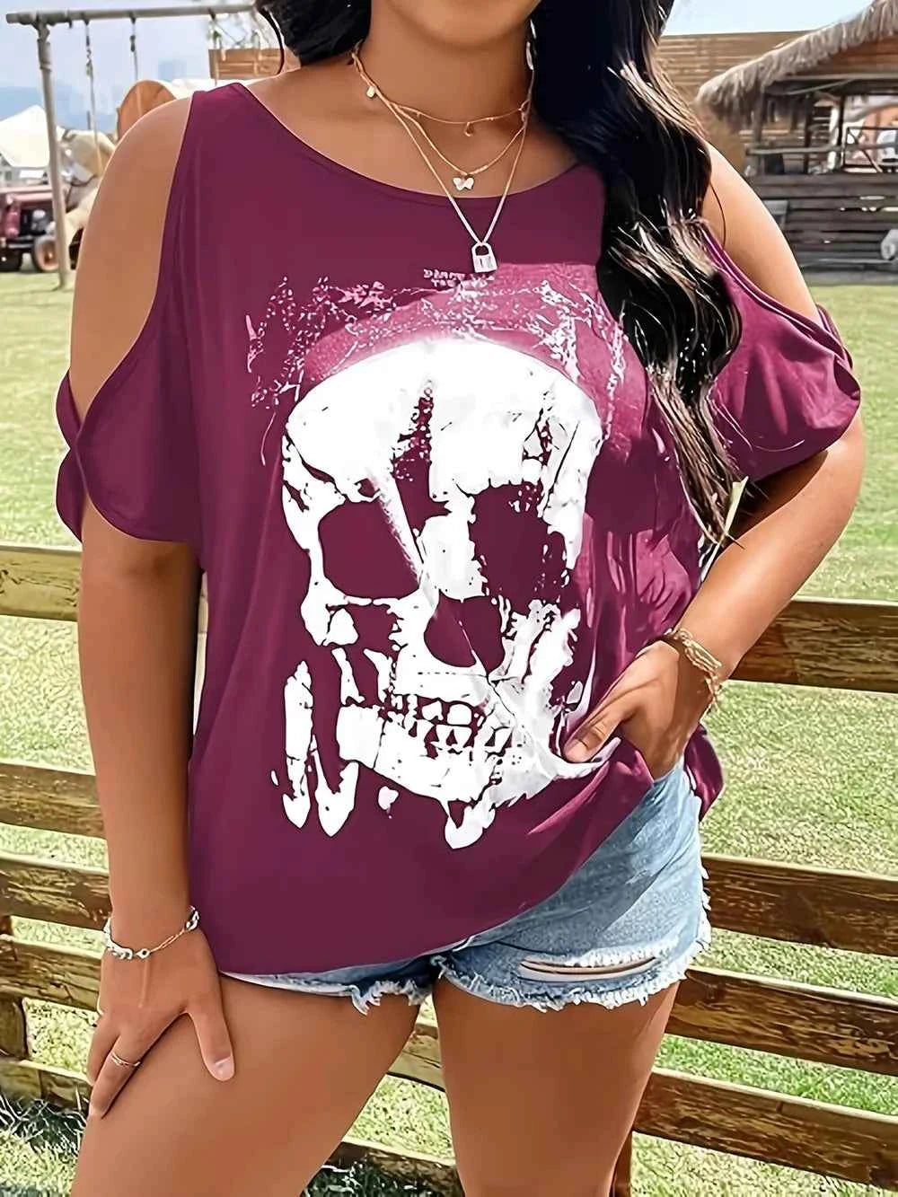 Plus Size Skeleton Graphic Round Neck Cold Shoulder T-Shirt ac3ca4d3-4781-471c-9f52-b3bef1b74217-Max