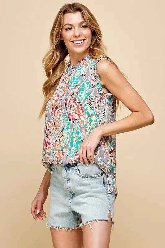 Lime 'N' Chili Full Size Graphic Print Ruffle Trim Mock Neck Sleeveless Top Plus Size ac3e0009-f7b3-4733-8b50-ef154a5ac0fa-Max-Origin