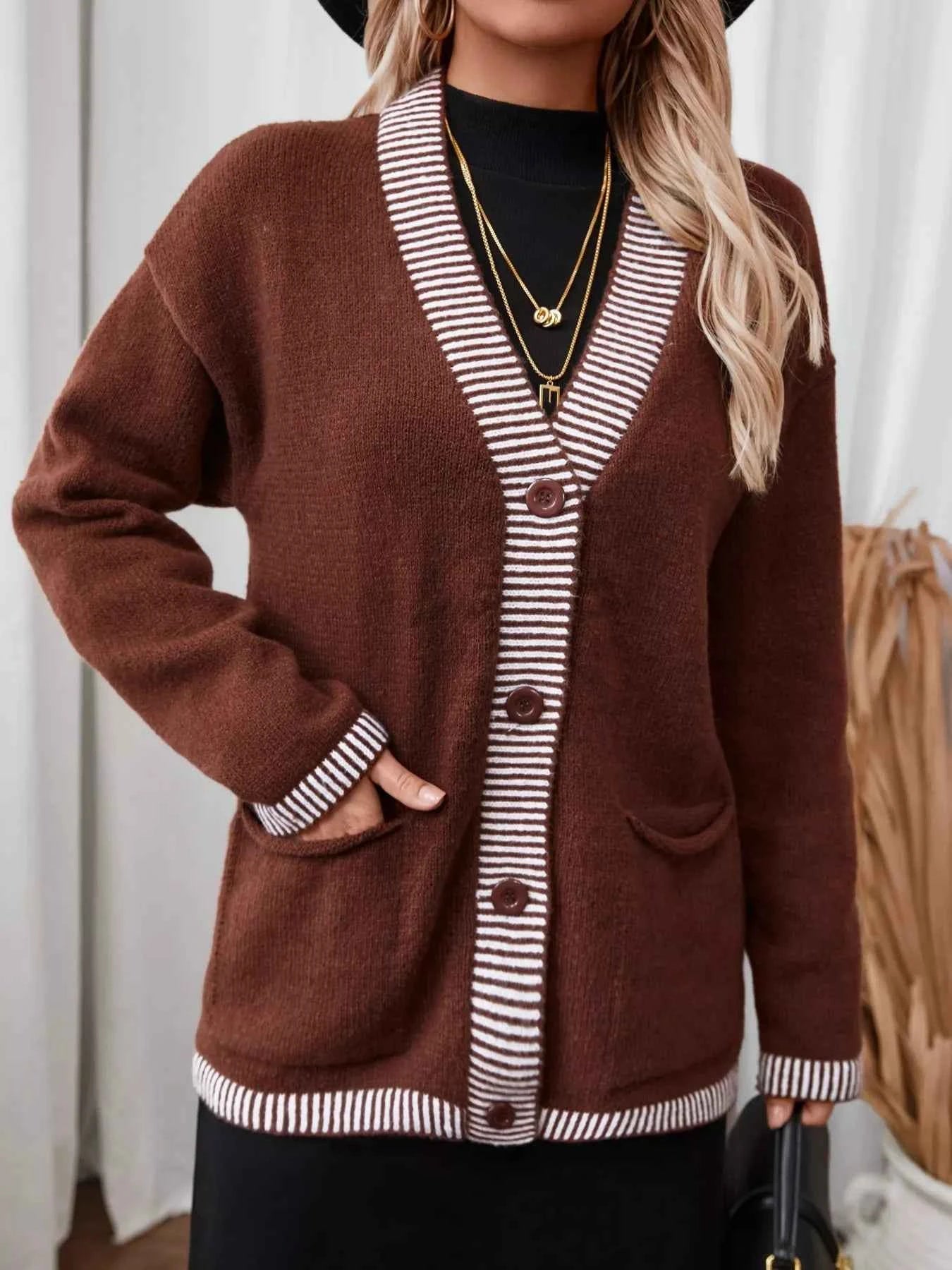 Striped Trim Button Front Pocket Knit Cardigan Brown ac433ee7f1304945886459dfbffe74df-Max-Origin