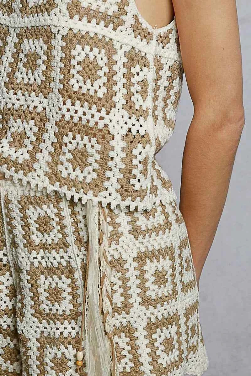 POL Elastic Waistband Crochet Shorts with Granny Square Weave ac43f4af-fec5-4617-97b9-c5180907aae5-Max-Origin