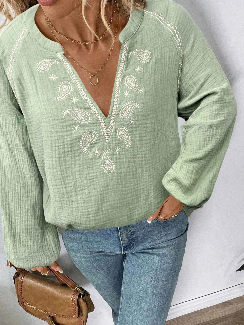 Paisley Pattern Notched Long Sleeve Blouse ac48ecee569546c181a866cf0d6c8fb6-Max-Origin