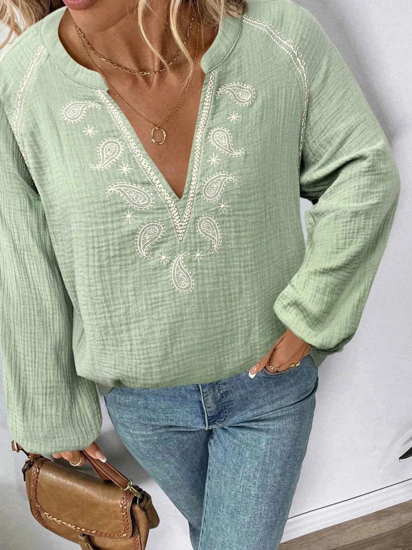 Paisley Pattern Notched Long Sleeve Blouse ac48ecee569546c181a866cf0d6c8fb6-Max-Origin