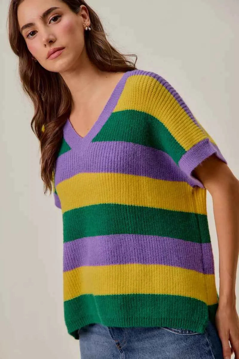 SO ME Mardi Gras Loose Fit V Neck Stripe Sweater Top ac4a7bb7fe6f4deab112a61037410a7c-Max-Origin