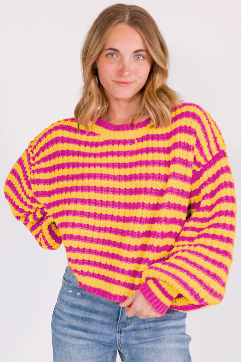 Orange Striped Bubble Sleeve Loose Sweater ac4a87245e151c09