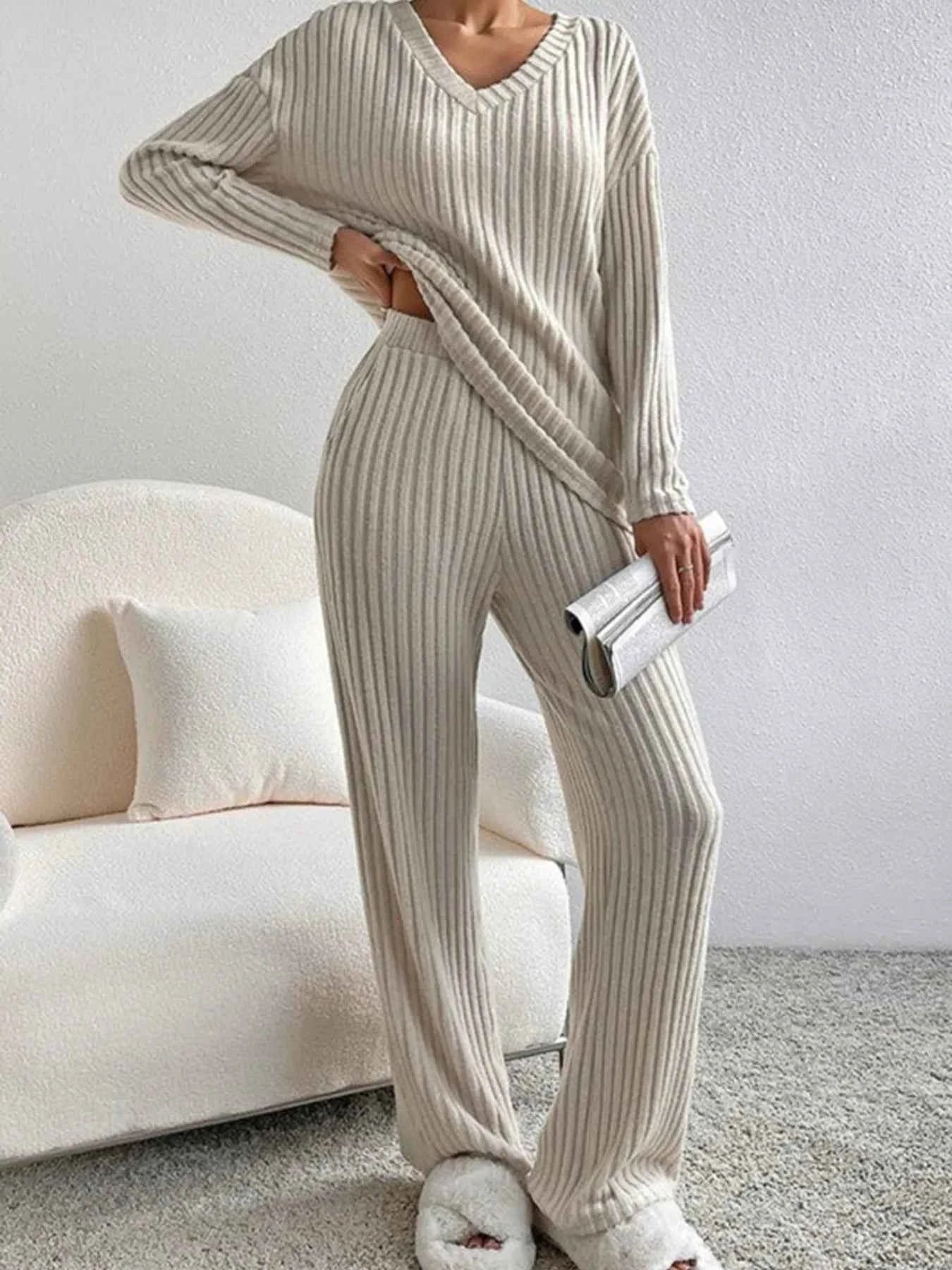 Ribbed Knit V-Neck Top and Pants Lounge Set ac4f65a58d4d49c892fa622f2a85febb-Max-Origin