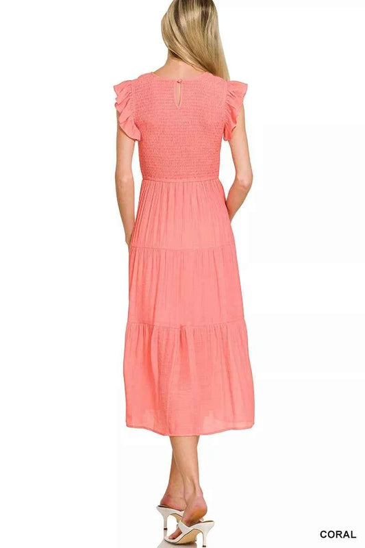Woven Smocked Ruffle Sleeve Midi Dress ac4fbd67934543e7ba2ec1918170a9ce-Max-Origin