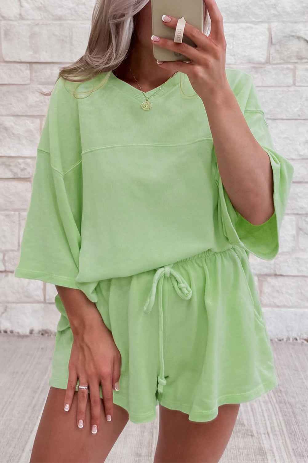 Bonbon Loose V Neck Tee and Drawstring Shorts Set Meadow Mist Green ac50296c8078cb5f