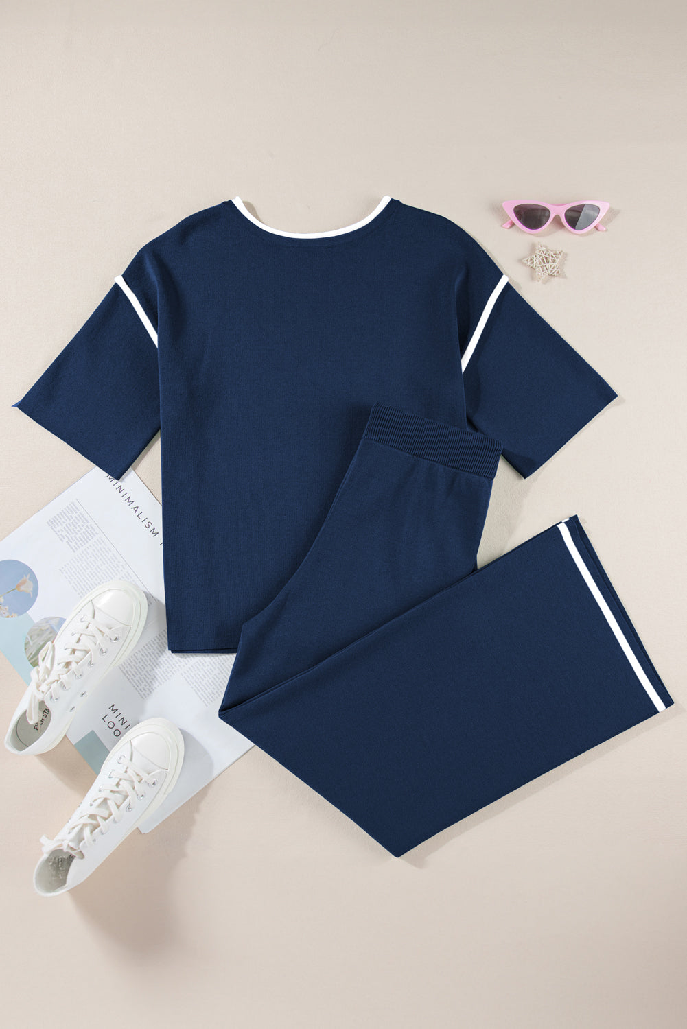 Navy Blue Loose Contrast Trim Half Sleeve Top and Drawstring Pants Set ac579f3219ff709e