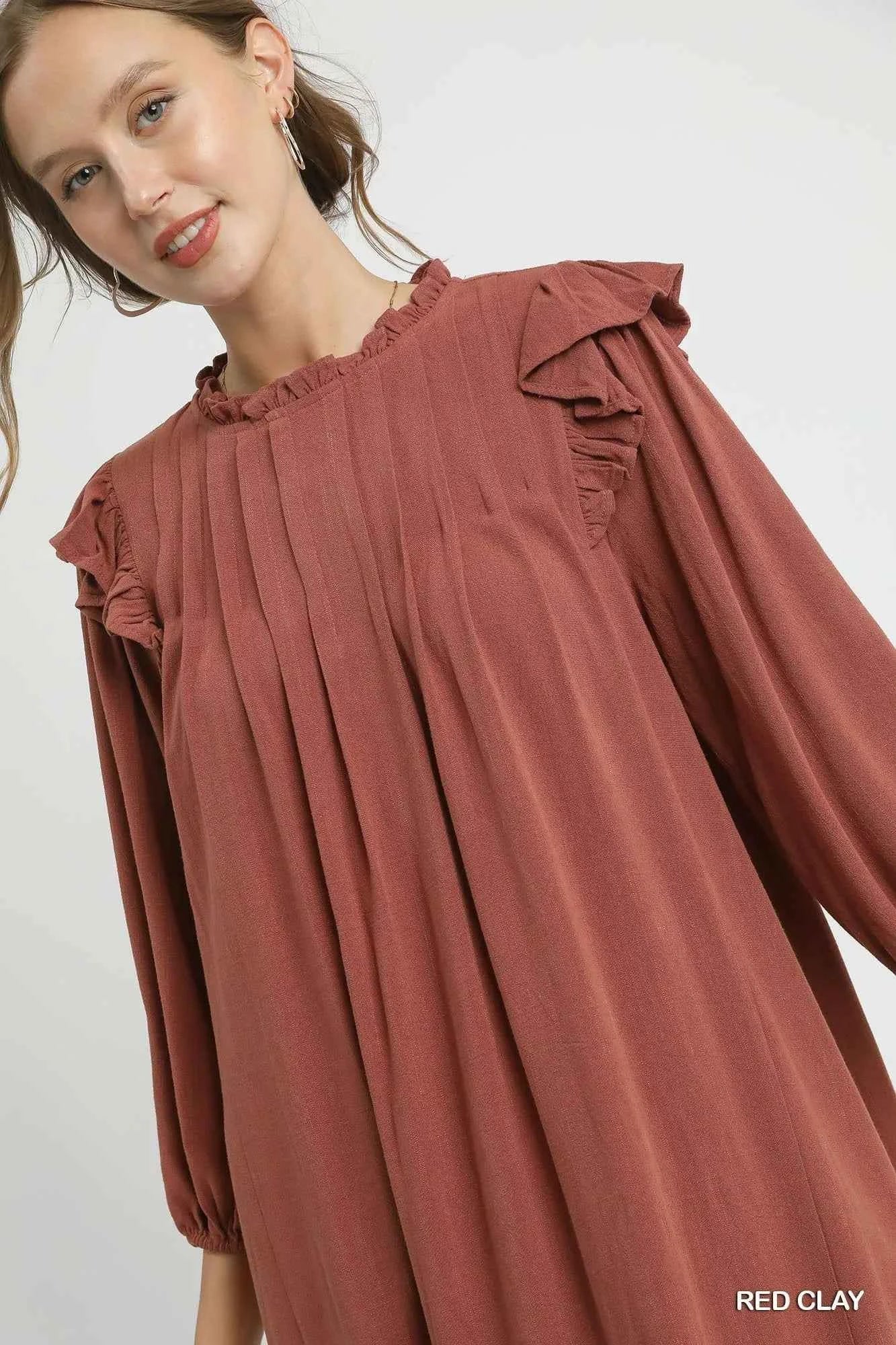 Umgee Linen Ruffle Shoulder Pleated Babydoll Dress ac5c3803-1128-4401-b260-fb6f5a299f06-Max-Origin
