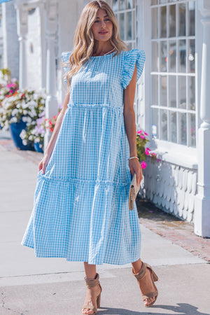 Sky Blue Knot Back Ruffled Short Sleeve Gingham Maxi Dress Sky Blue 50%Polyester+50%Cotton ac60c5212a1b33d3