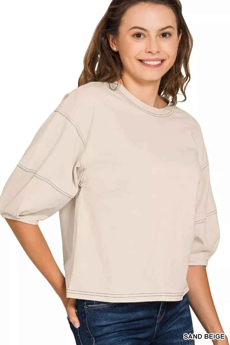 Zenana Balloon Sleeve Top with Contrast Stitching SAND BEIGE ac62a78598ca4b1e80241ffe19f45e2a-Max-Origin