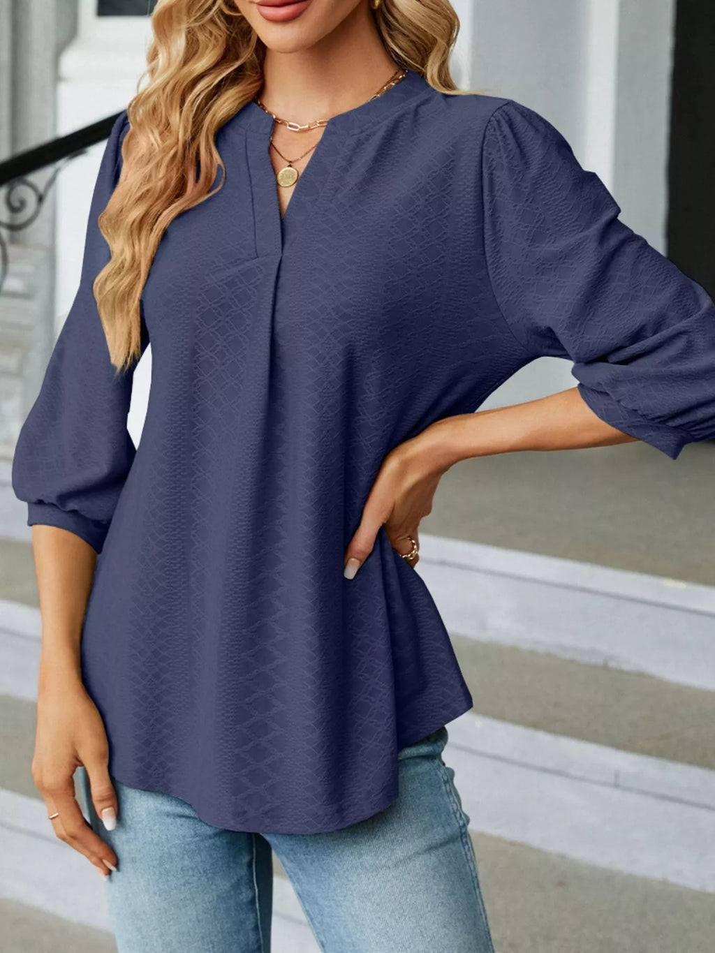 Notched 3/4 Sleeve Casual Top ac64ccf5-0742-4366-b527-031374eaf449-Max-Origin