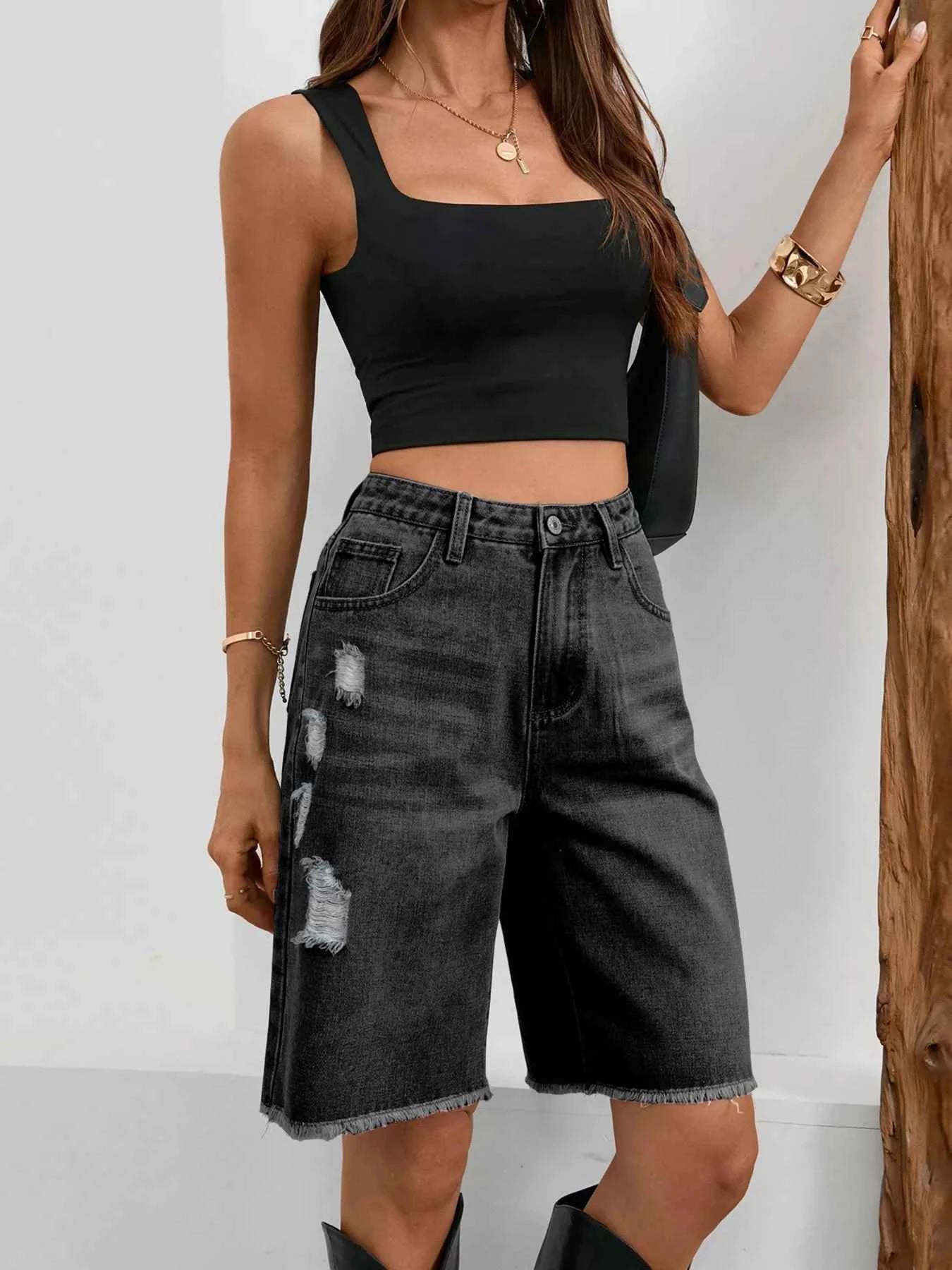 Ripped Frayed Hem Denim Shorts ac6650cfc83548f897af9b280e0fb0a8-Max-Origin