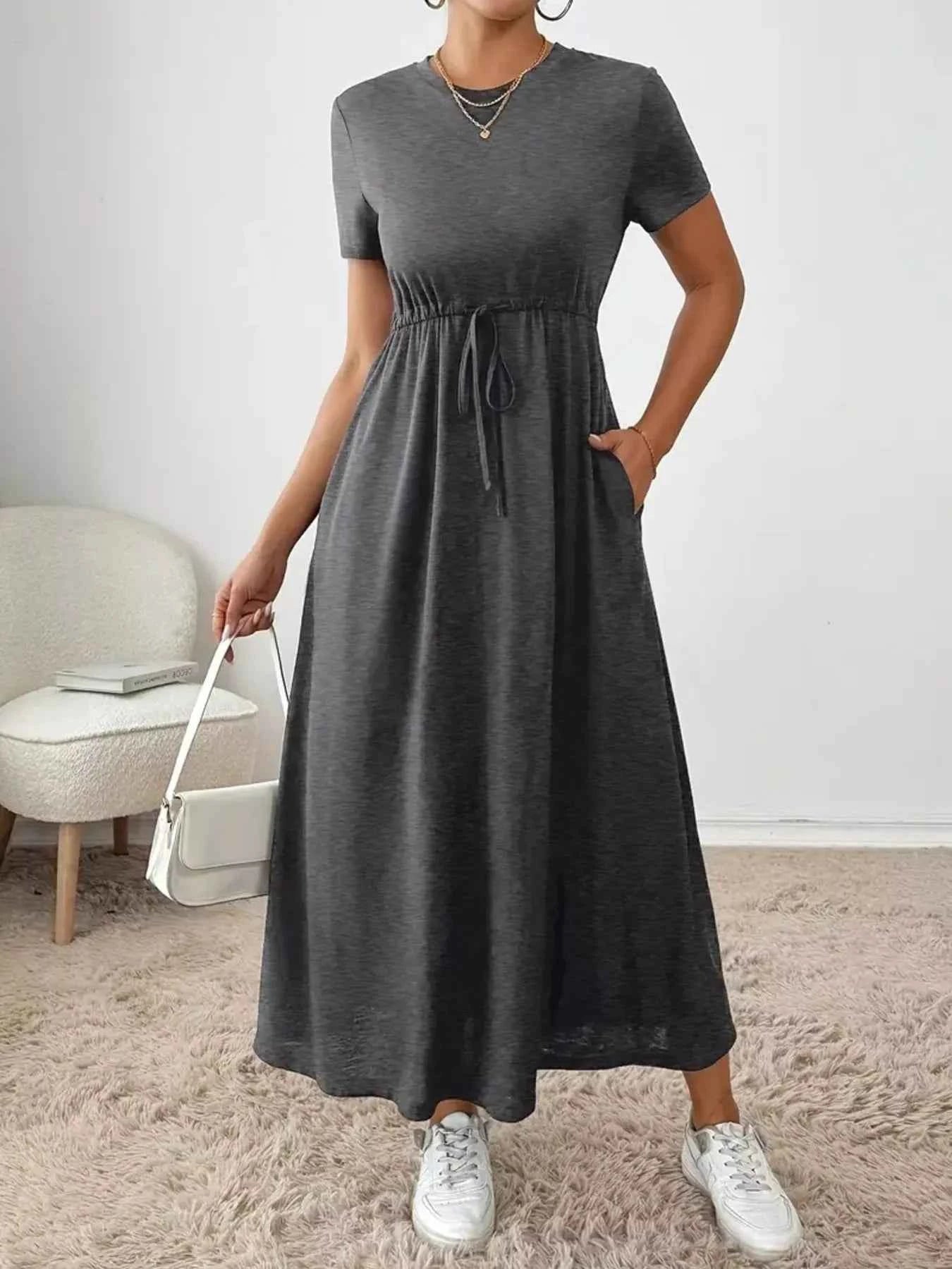 Casual Drawstring Waist Short Sleeve Tee Dress Dark Gray ac6b32ce3b5847d488a44f1a7c7de617-Max-Origin