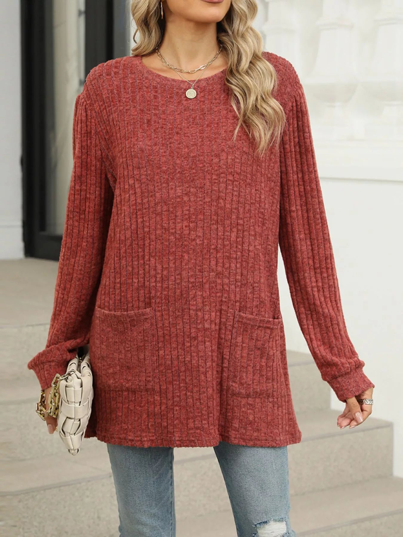 Ribbed Knit Long Sleeve T-Shirt Caramel ac6b6be7-fb76-4f72-aaca-7530534bdd17-Max-Origin