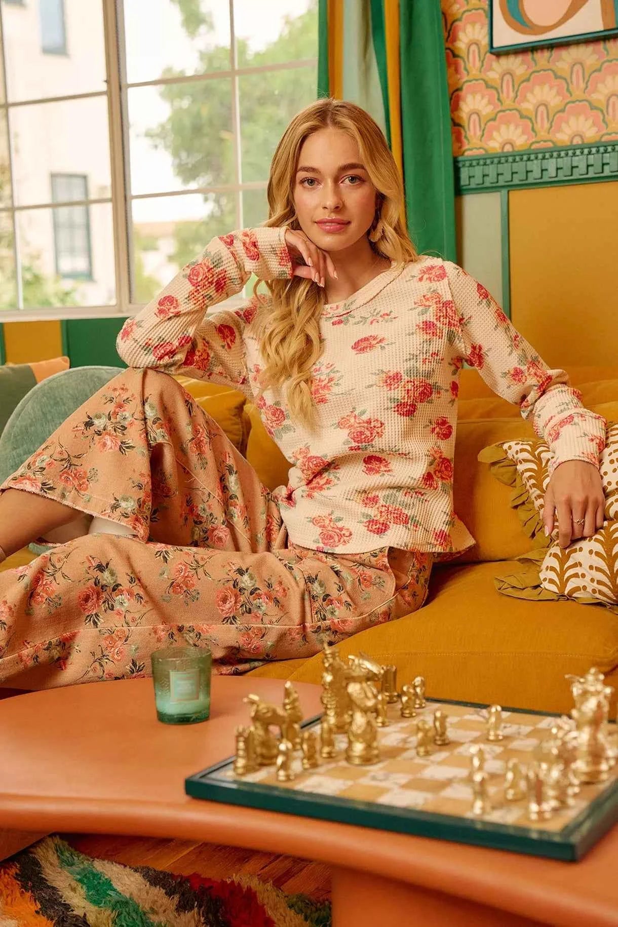 Floral Print Washed Waffle Thermal Top With Thumb ac6de9ef9cdc4f7b96a4433965e125f2-Max-Origin