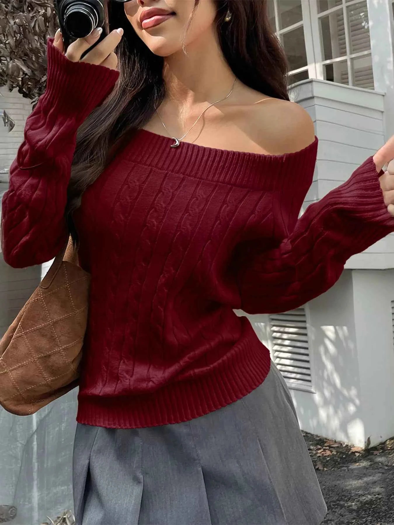 Off-Shoulder Cable Knit Sweater Burgundy ac740d115b6d4ebbab65b762bb78cea3-Max-Origin
