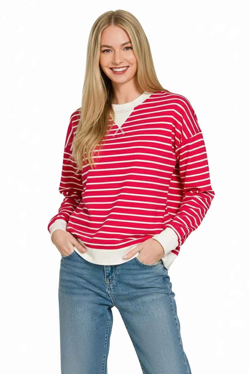 Zenana Contrast Striped Round Neck Sweatshirt ac745cc9-bd7b-4d21-93ea-f5007dac7e36-Max-Origin