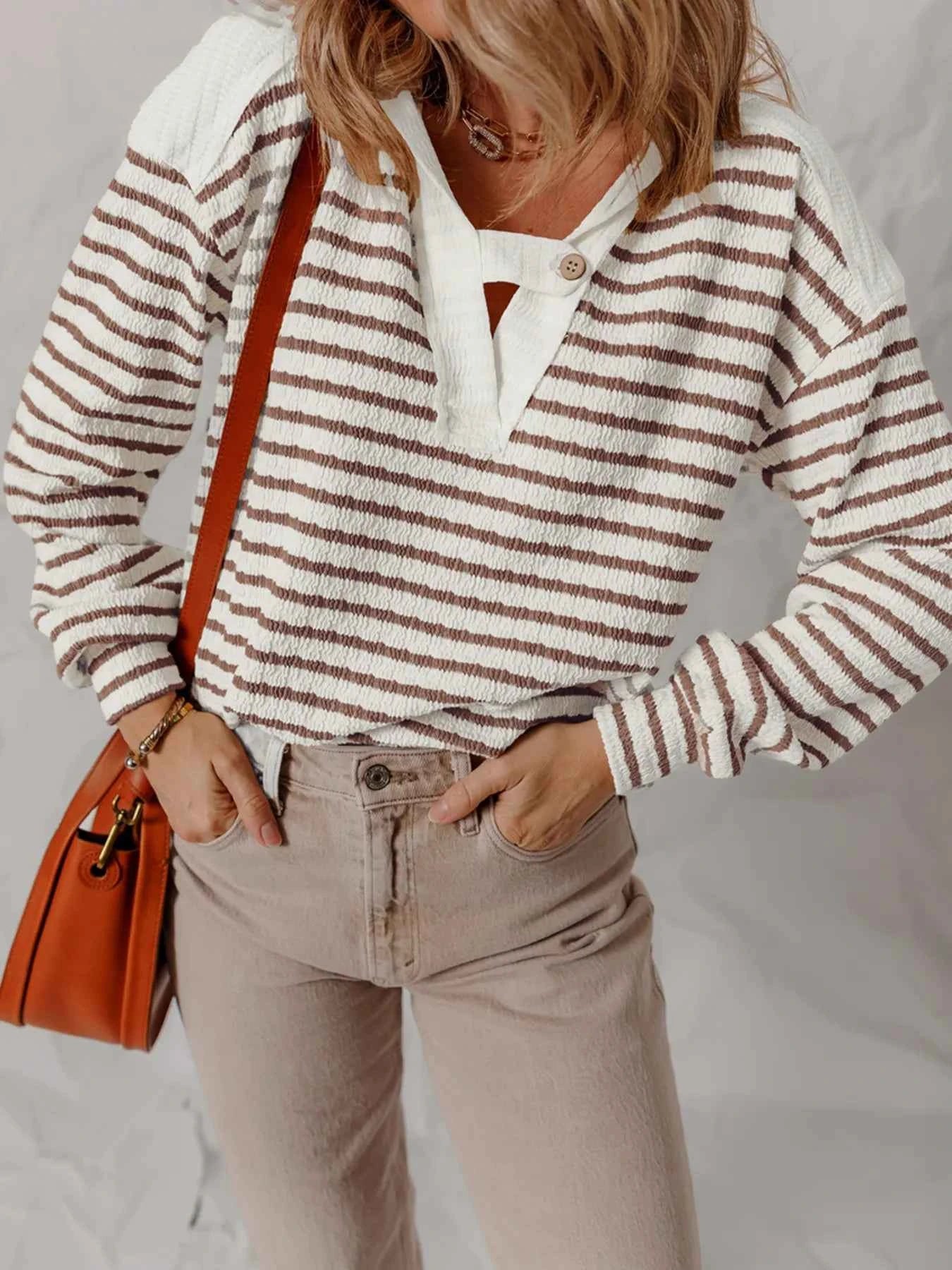 Striped V-Neck Long Sleeve Knit Hoodie ac7d2413c8b64571893d348b50489902-Max-Origin