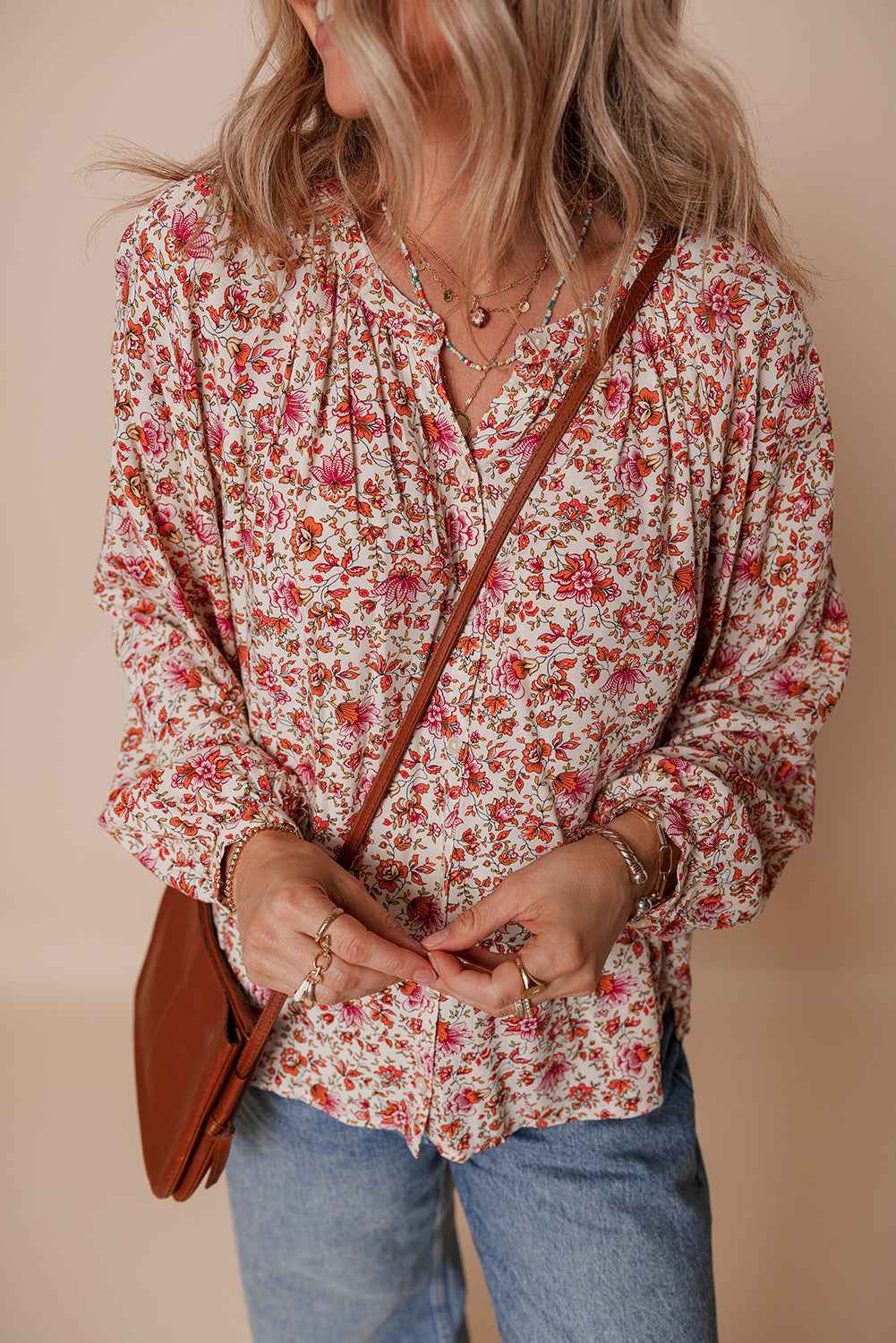 Red Floral Print Pleated Detail Notched Neck Puff Sleeve Blouse ac8086bb176b7a99