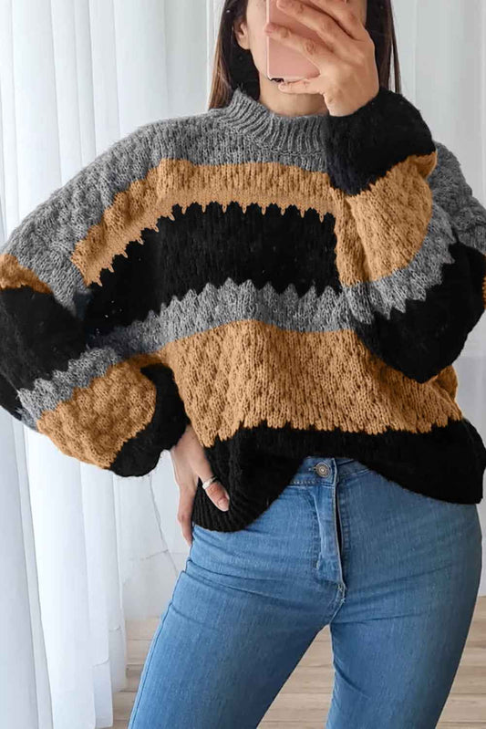 Khaki Colorblock High Neck Baggy Sweater Khaki 65%Acrylic+35%Polyamide ac81181dd458bd12