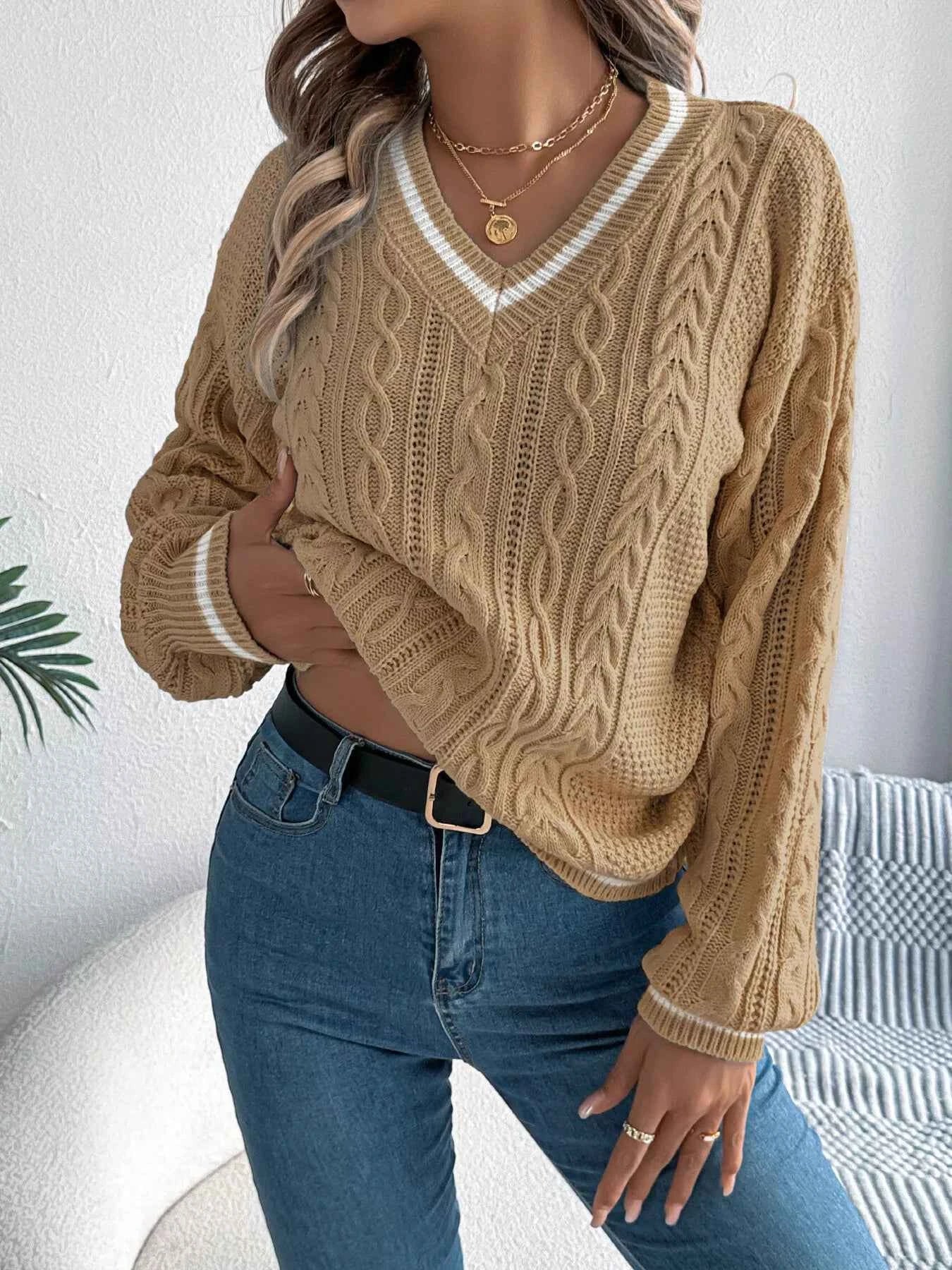 Cable Knit V-Neck Long Sleeve Sweater Khaki ac81749b58c74c87a44ee34f31f34699-Max-Origin