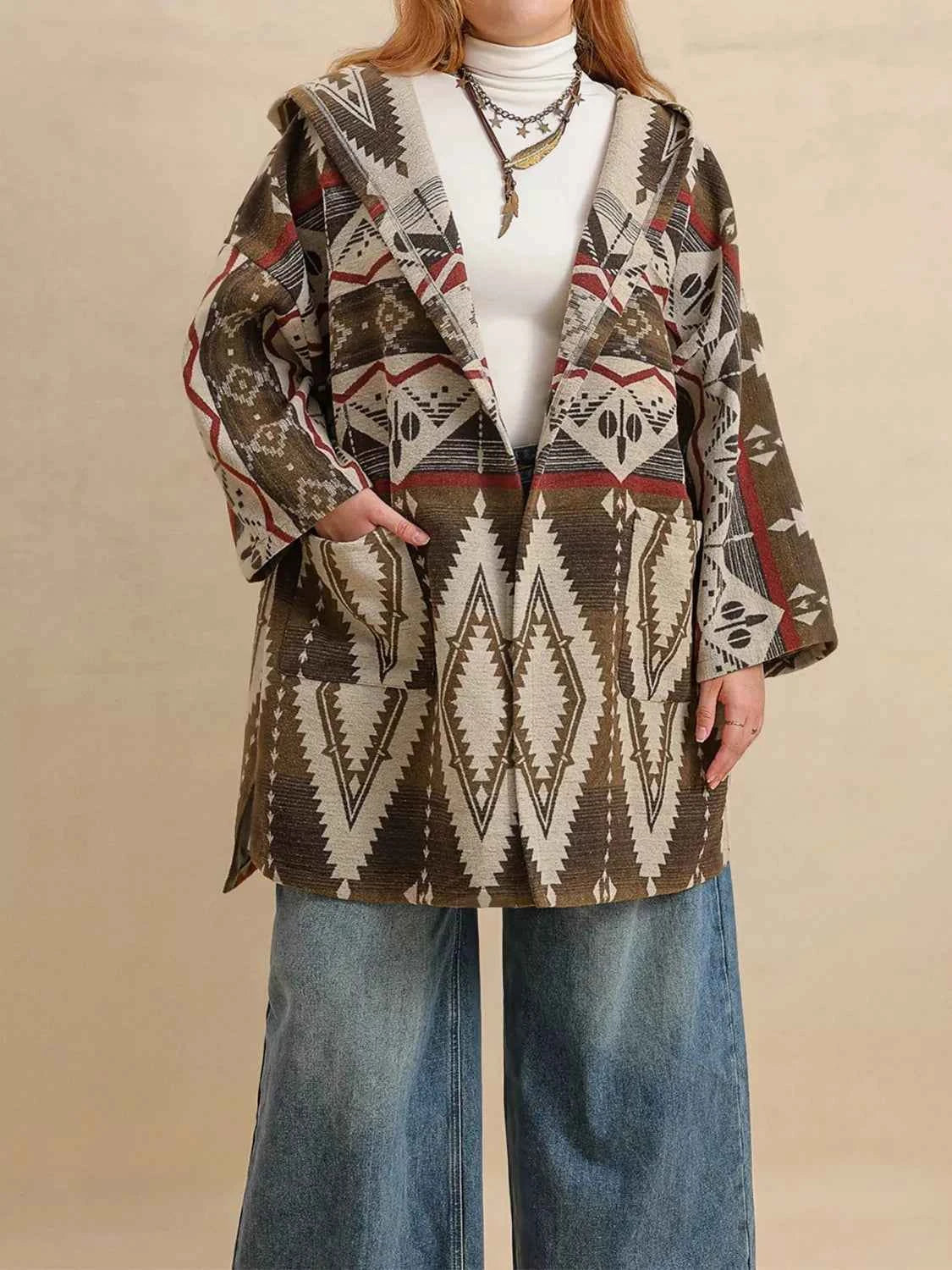 Plus Size Aztec Print Hooded Open Front Cardigan Coffee Brown ac81c85a-eed4-4144-ab99-ed65af72978c-Max-Origin