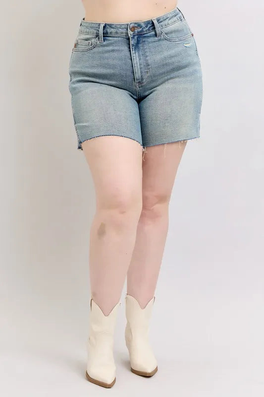 Judy Blue Full Size High Waist Vintage Wash Side Slit Denim Shorts Plus Size ac831b81-a7fd-4eeb-926f-5fc851777638-Max-Origin