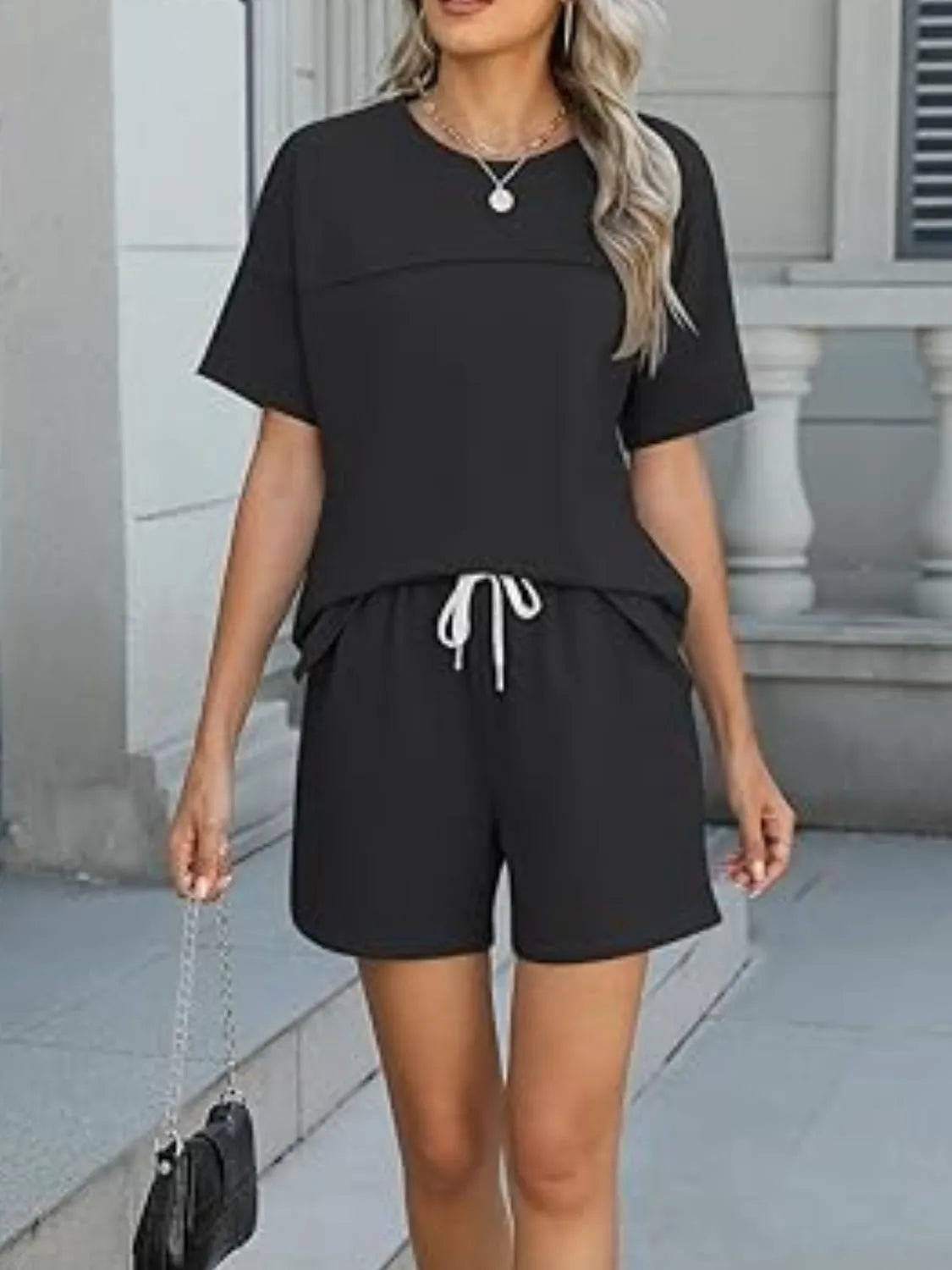 Round Neck Short Sleeve Top and Shorts Set ac880e16-e3af-4db5-aca1-4efec179d4ee-Max-Origin