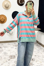 Pink Stripe Colorblock Drop Shoulder Buttoned Collar Side Slit Pullover Top ac88927344cec724