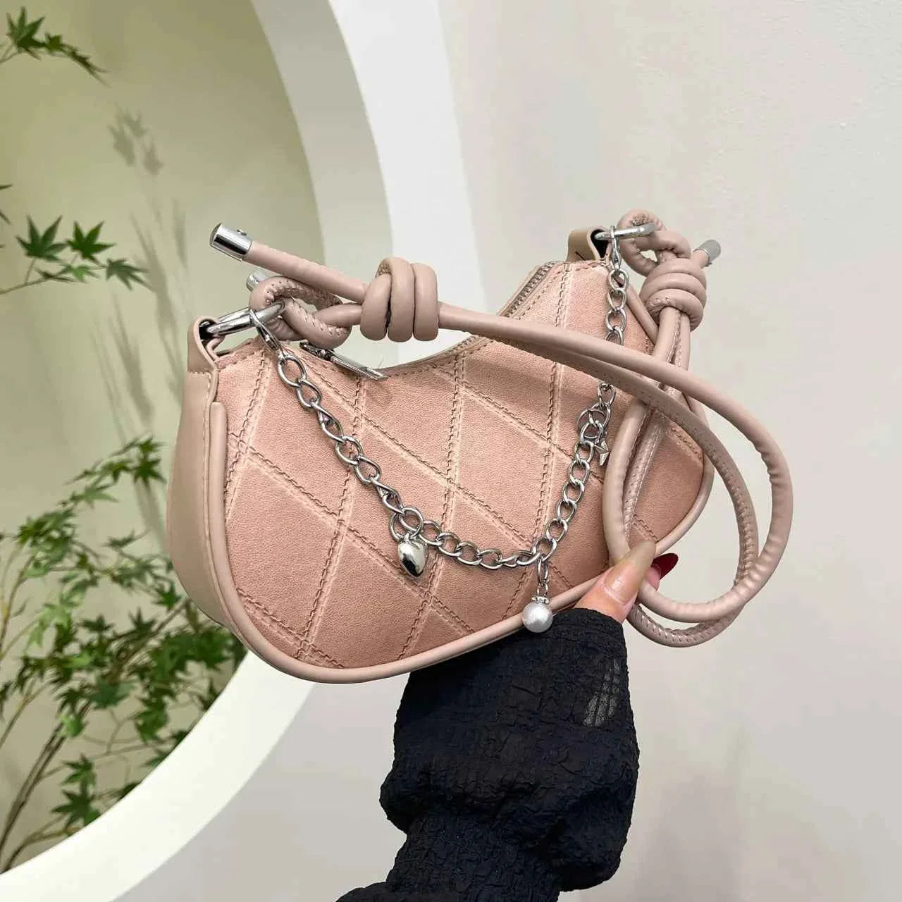 Chain Detail Crescent Shoulder Bag Pink onesize ac8a31c41ff64edaafe20600b8fc7513-Max-Origin