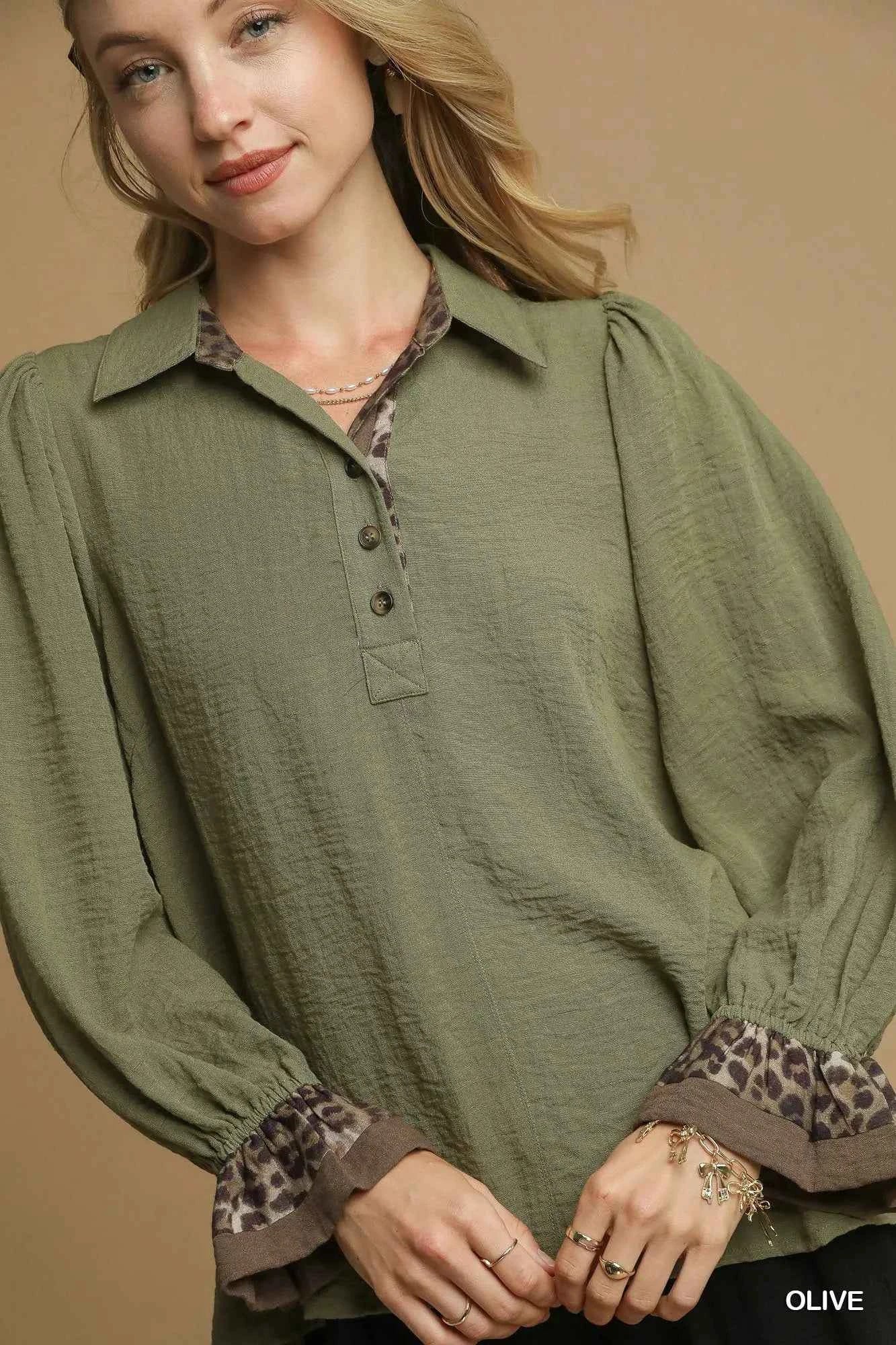 Umgee Half Button Blouse with Leopard Print Trim ac8a607c-b32f-4903-b394-248d0ab81a29-Max-Origin