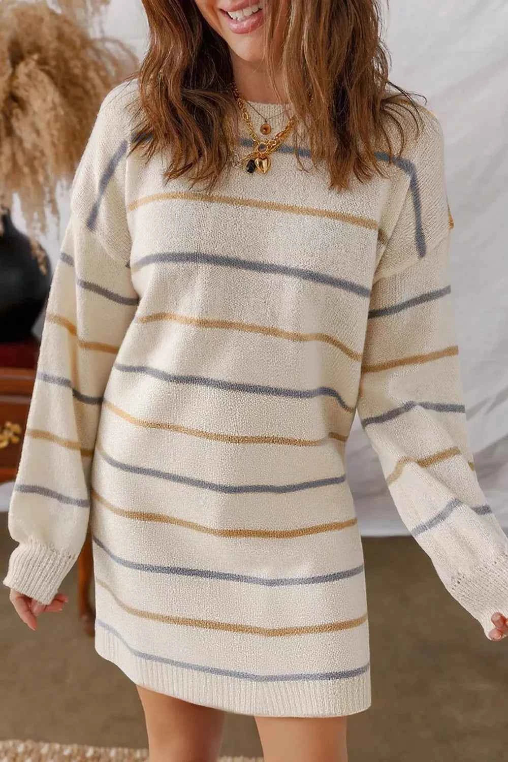 Striped Dropped Shoulder Oversized Sweater Dress ac8da201-c19e-4284-b1c2-dbc4470eef6c-Max-Origin