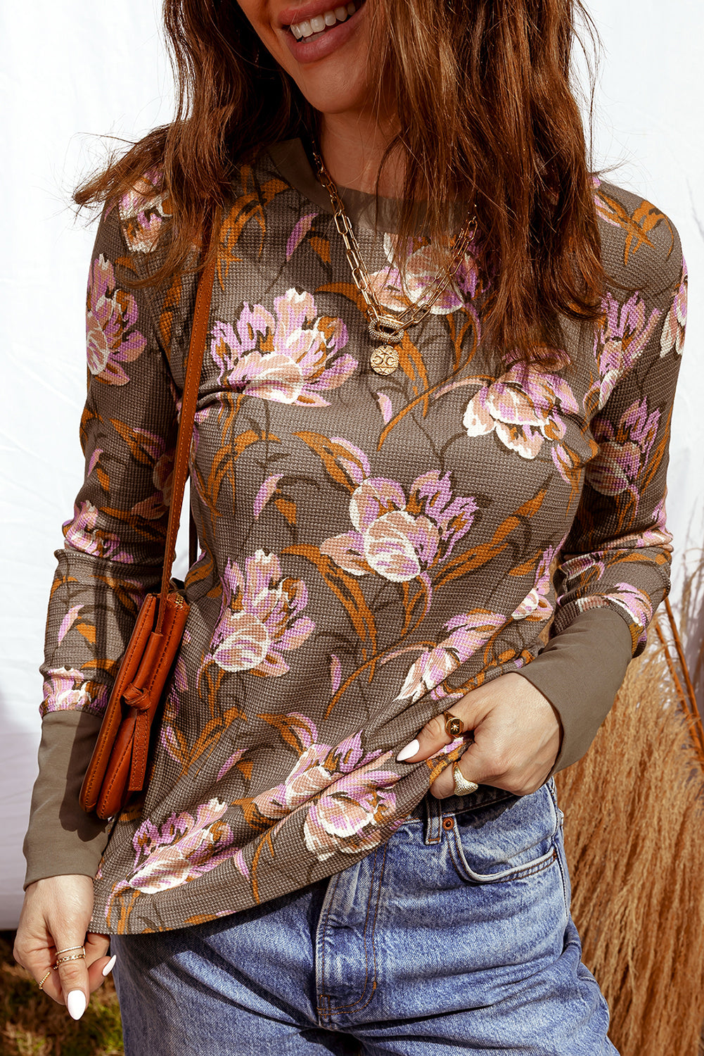 Brown Floral Print Waffle Textured Long Sleeve Top Brown 100%Polyester ac90e6dd2b10f3b0