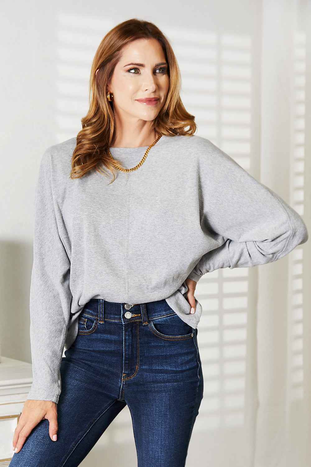 Double Take Seam Detail Round Neck Long Sleeve Top ac96648401f14fba8475717df7f5c5b9-Max