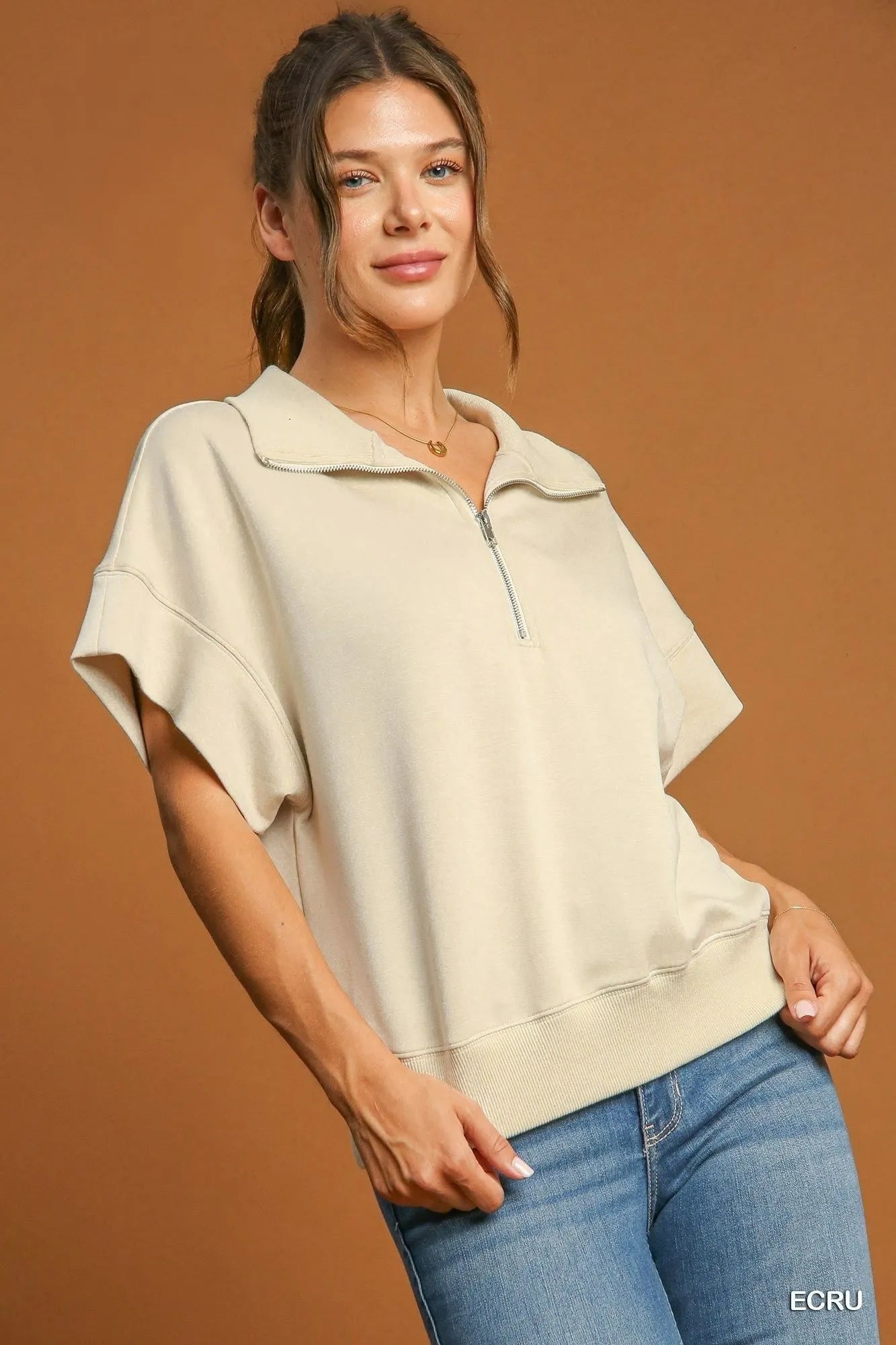 Umgee Full Size Half-Zip Short Sleeve Top Plus Size ECRU ac9df3f1-1275-445a-9ee2-325f8f9bc285-Max-Origin