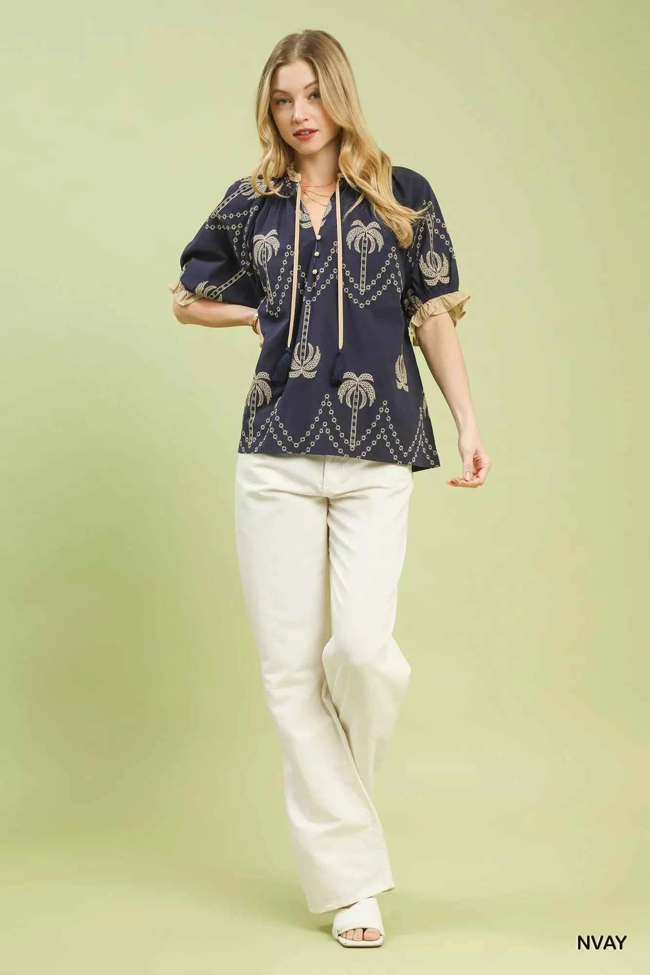 Umgee Embroidered Palm Print Tassel Tie Blouse aca4186b-bbd4-4d18-aefb-30615890b2e0-Max-Origin