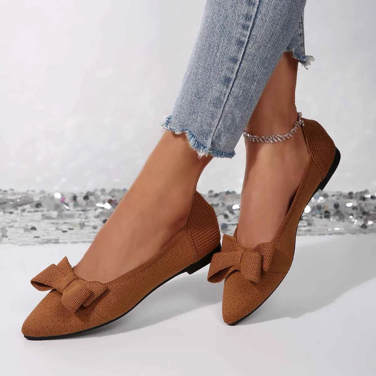 Pointed Toe Bow Slip-Ons Tan aca4ed545b174e0782619e61fccf4355-Max-Origin