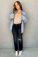 Myosotis Elastic Hem Collared Zip Up Denim Jacket aca86bd0d38ca258