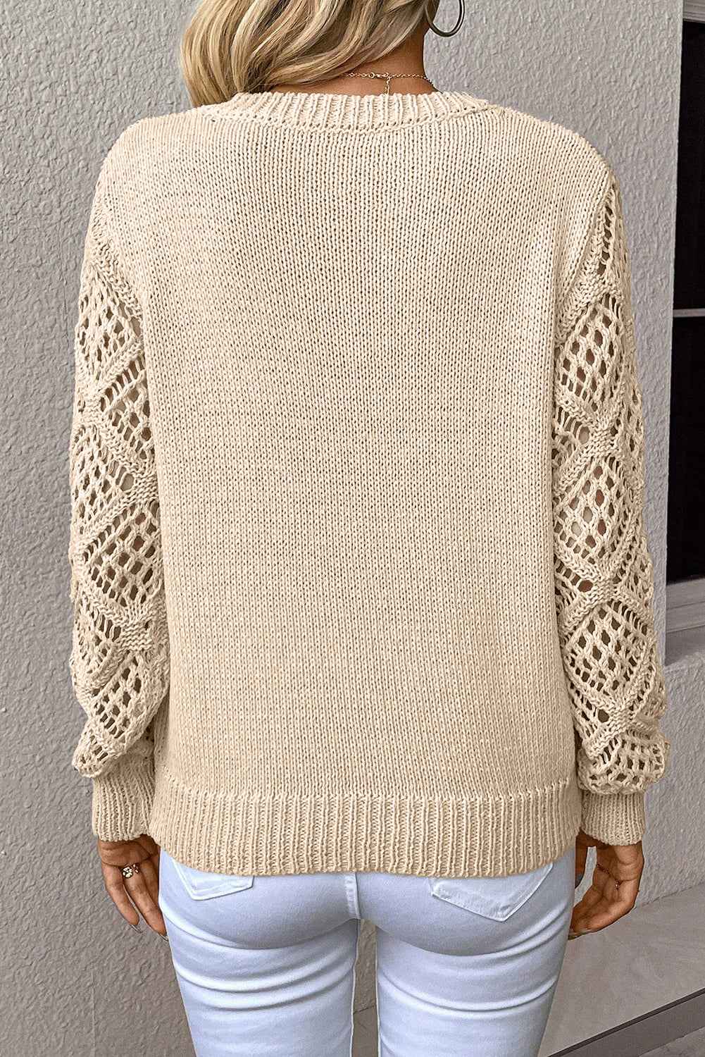 Beau Blue Solid V Neck Pointelle Knit Sleeve Patchwork Sweater aca97761e0e99f7b