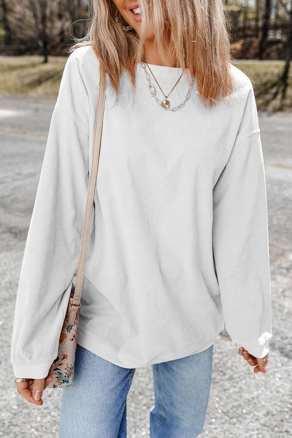 White Drop Shoulder Rib Knit Oversized Sweatshirt acb3676118706b1c